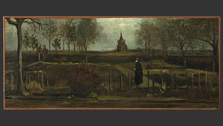 This image released by the Gronninger Museum on Monday March 30, 2020, shows Dutch master Vincent van Gogh's painting titled "The Parsonage Garden at Nuenen in Spring" which was stolen from the Singer Museum in Laren, Netherlands, Monday March 30, 2020. The Dutch museum that is currently closed to prevent the spread of the coronavirus says the was stolen in a smash-and-grab raid overnight. (Groninger Museum via AP Photo)