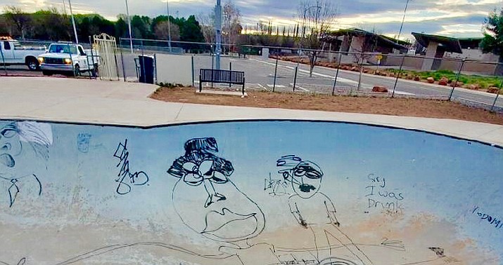 Graffiti can be seen at the skate park that's located at Riverfront Park in Cottonwood. The Cottonwood Police Department announced Friday that due to a recent rash of criminal damage and vandalism at the skate park, it has closed by the city until further notice. Courtesy of Cottonwood Police Department