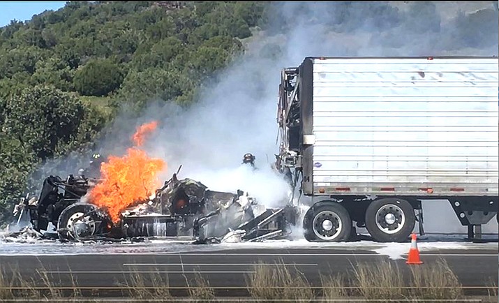 Copper Canyon Fire and Medical District Firefighters and the Department of Public Safety responded to the semi-truck fire on Interstate 17 Sunday. Staff Photo by Vyto Starinskas