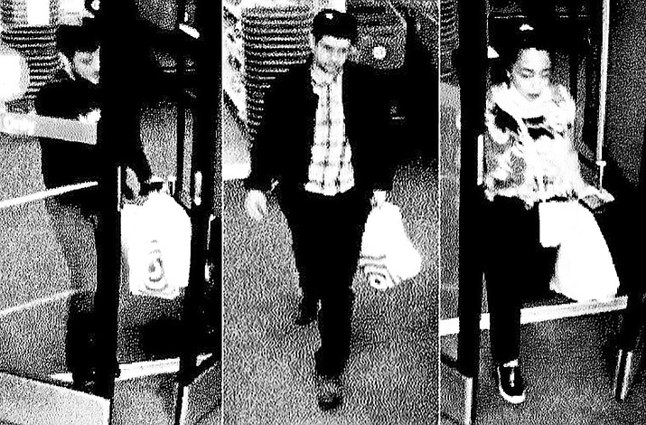Two men and a woman suspected of stealing a wallet in Prescott Valley and then using credit cards from the wallet to purchase expensive items in Prescott on Friday, April 3, 2020. Police have asked the public to help find the suspects. (PVPD/Courtesy)