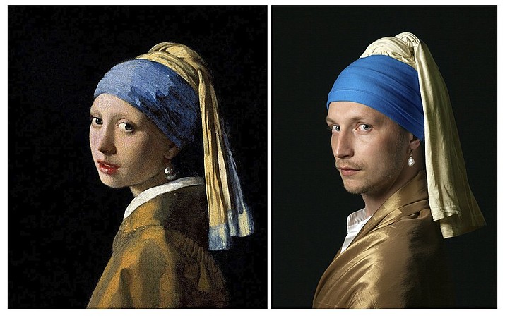 In this two photo combo, an undated copy of Johannes Vermeer's 'Girl with a Pearl Earring' artwork, left, and Vitaly Fonarev's recreation for the Izoizolyacia Facebook page, takes on Thursday, April 9, 2020 in Haifa, Israel. In the coronavirus lockdown, Russians can't go to their beloved and renowned museums. So they're filling the holes in their souls by recreating artworks while stuck at home and posting them on social media. (Vitaly Fonarev via AP)