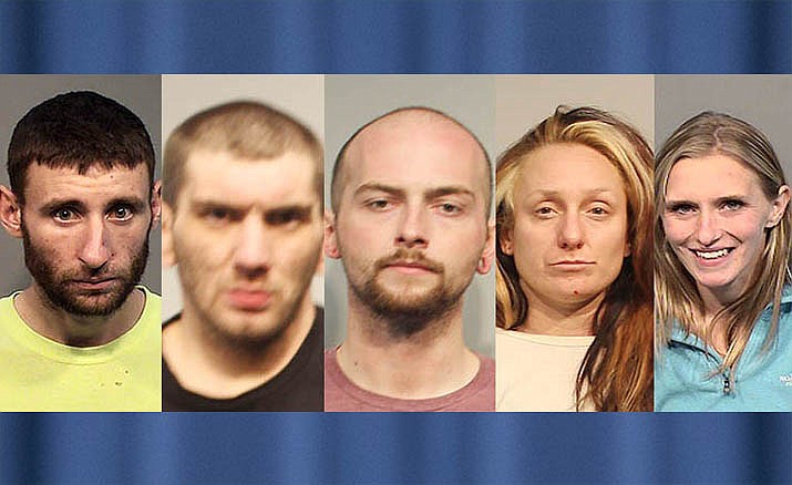 Five people were detained after the hospitalization of a Prescott man led police to illegal narcotics, including fentanyl. From the left are Thandan Hammel, Aaron Mauger, Alex Klingensmith, Sheali Mandik and Alexis Wilkes. Courtesy of Yavapai County Sheriff's Office