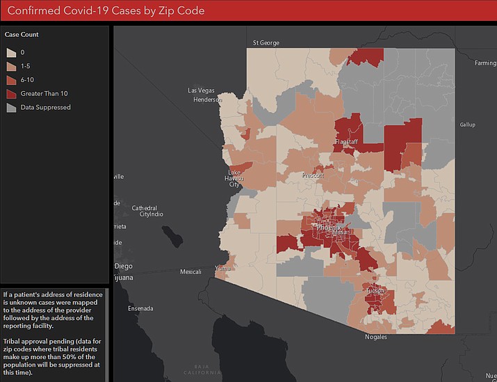 The numbers released by the Department of Health Services on Sunday show the 85714 zip code with 64 confirmed cases. By Monday it was 67. That’s more than any other single zip code in the state. (Arizona Department of Health Services/Courtesy)
