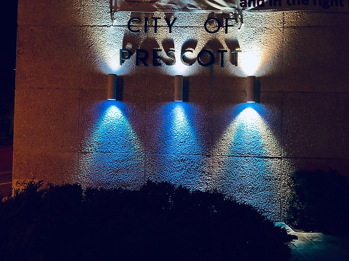 Lights on the exterior of Prescott City Hall are blue, in support of area essential personnel during the COVID-19 pandemic. (City of Prescott/Courtesy)