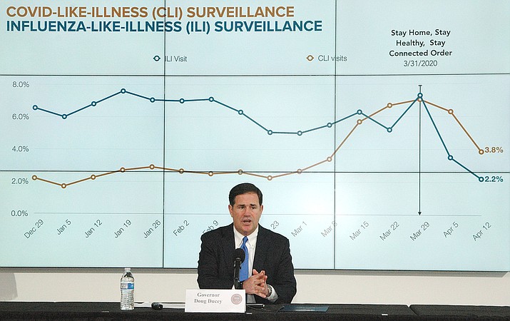 Gov. Doug Ducey discusses Wednesday, April 22, the issues and indicators he is reviewing in deciding if he will lift some of his COVID-19 restrictions that are set to expire April 30. (Howard Fischer, Capitol Media Services/Courtesy)