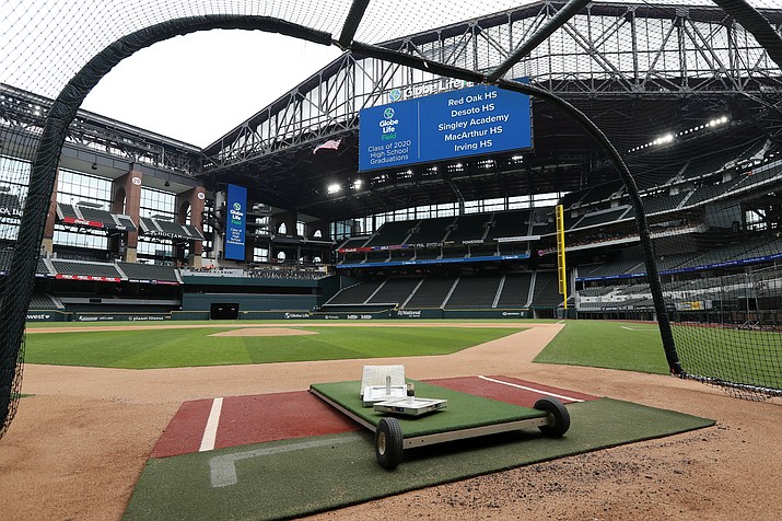 A home plate perspective gives a view of Globe Life Field, the newly-built home of the Texas Rangers, in Arlington, Texas, Wednesday, May 20, 2020. The park that was supposed to have its home opener on March 31 against the Los Angeles Angels has yet to see one game played in it this season amid the coronavirus pandemic. (Tony Gutierrez/AP)