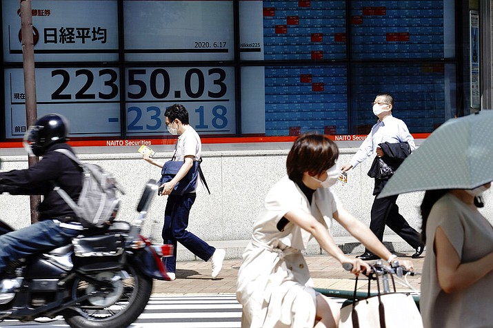 An electronic stock board showing Japan's Nikkei 225 index at a securities firm is seen at a street in Tokyo Wednesday, June 17, 2020. Major Asian stock markets declined Wednesday after Wall Street gained on hopes for a global economic recovery and Japan's exports sank. (AP Photo/Eugene Hoshiko)