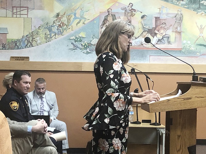 Local resident Ellen Buchholtz addresses the Prescott City Council on Tuesday, June 23, 2020, about her concerns with the Yavapai Humane Society and the contract that the city was considering entering with the organization. The council ultimately unanimously approved the three-year contract. (Cindy Barks/Courier)