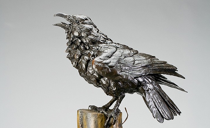 Bryce Pettit’s new bronze, “Raven” is an animated and detailed work of art. Mountain Trails Gallery at Tlaquepaque in Sedona will present “Traditions in Western Sculpture: Figurative, Wildlife, and the Stories They Tell,” beginning Friday, July 3.