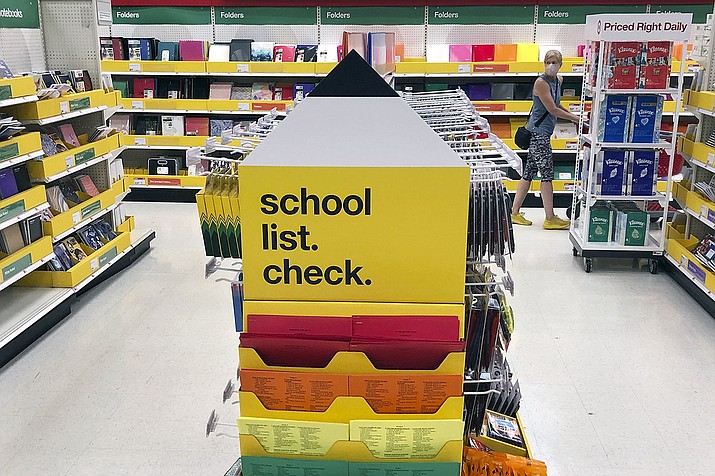Back-to-school supplies await shoppers at a store on Monday, July 13, 2020, in Marlborough, Mass. School districts across America are trying to decide how to resume classes in the fall amid the ongoing coronavirus pandemic. (Bill Sikes/AP)