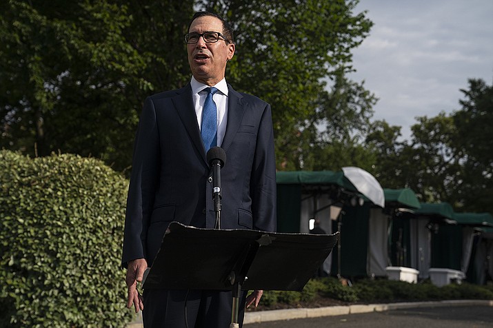 Treasury Secretary Steven Mnuchin speaks with reporters about the coronavirus relief package negotiations, at the White House, Thursday, July 23, 2020, in Washington. (Evan Vucci/AP)
