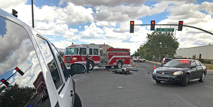 The crash scene between an SUV and a motorcycle, at the intersection of Florentine and Lake Valley roads in Prescott Valley, Friday, July 24, 2020. (PVPD/Courtesy)