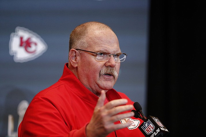In this Jan. 30, 2020, file photo, Kansas City Chiefs NFL football head coach Andy Reid speaks during a news conference in Aventura, Fla. In seven weeks, the NFL expects to kick off its 101st season with the Super Bowl champion Chiefs hosting Houston. Emphasis on expects (Brynn Anderson, AP file)