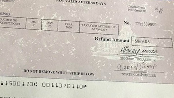 Rhode Island mistakenly sent more than 175 tax refund checks signed by Walt Disney and Mickey Mouse, rather than the state treasurer and controller.