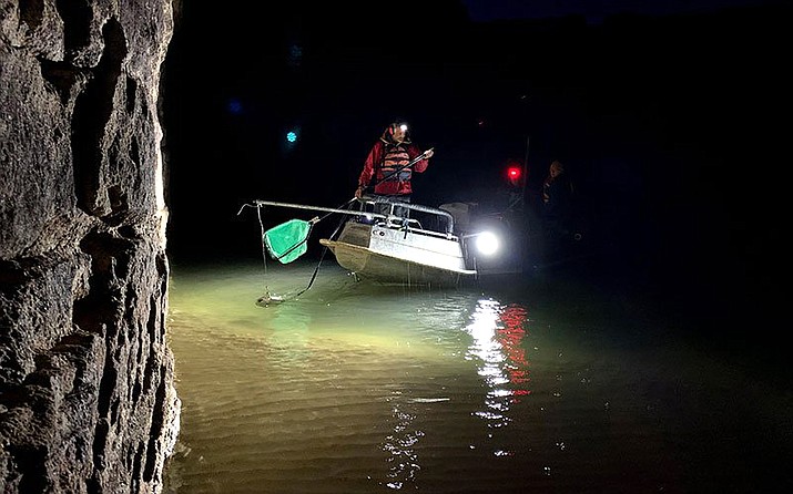 The U.S. Geological Survey’s Grand Canyon Research and Monitoring Center runs three scientific trips each year to keep track of humpback chub and other fish species. Here, Clay Nelson uses a floodlight to find stunned fish and retrieve them from a sampling site downstream from the Little Colorado River. (Photo by Judy Fahys/InsideClimate News)