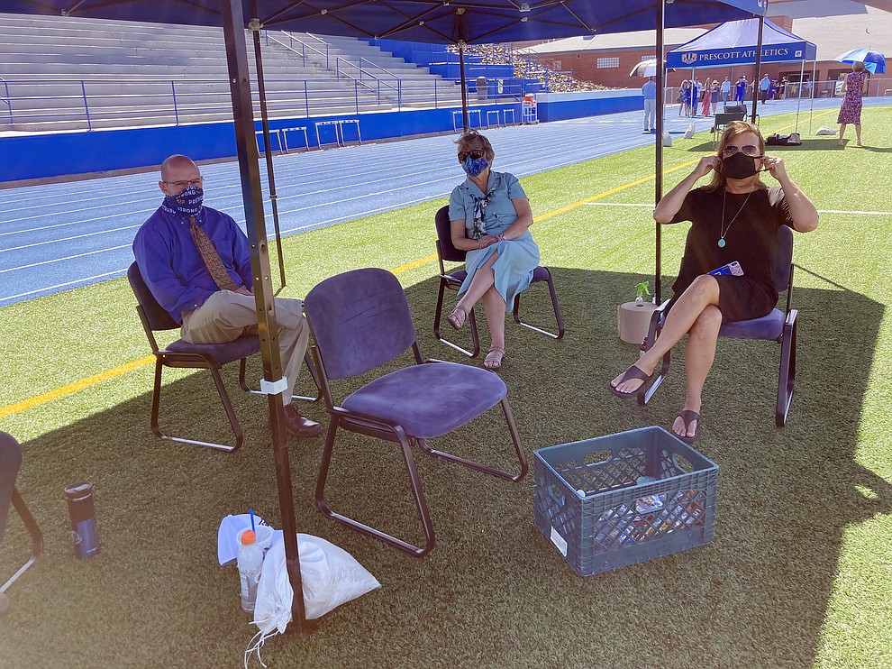 Prescott Unified School District board members, from left, John Mackin, Deb Dillon and Tina Seeley at Prescott High School's graduation Saturday, Aug. 8, 2020. (Nanci Hutson/Courier)
