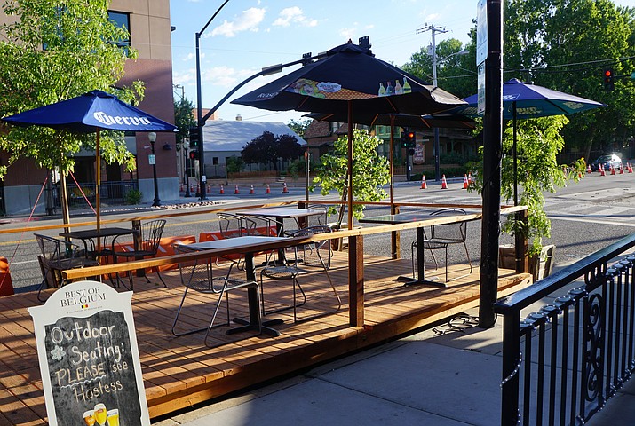Rosa’s Pizzeria in downtown Prescott has added an outdoor patio at the front of its Gurley Street location. The move was approved by the City of Prescott as a way to help restaurants during the restricted indoor seating that was imposed because of the COVID-19 pandemic. (Cindy Barks/Courier, file)