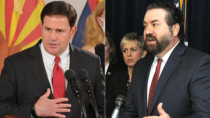 In new court filings, Arizona Attorney General Mark Brnovich (right) said state lawmakers have given Gov. Doug Ducey (left) certain powers to act on his own in cases of declared emergency. But Brnovich said those laws require Ducey to act “consistent with other statutes and the constitution." And he said nothing in the statute entitles the governor to issue orders that are “arbitrary, unreasonable and discriminatory," which is what Brnovich said is happening with the governor's order to close Arizona bars. (Capitol Media Services file photos by Howard Fischer)