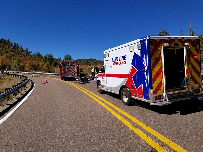 Prescott Fire a Life Line Ambulance crews work the scene of a motorcycle crash on Highway 89 in October 2019. Prescott City Council on Tuesday, Sept. 8, 2020, gave the city’s legal and fire departments the green light to attend a state administrative hearing later this month to argue against Life Line ambulance’s proposal to change emergency response times. The Arizona Department of Health Services/Bureau of Emergency Medical Services and Trauma System has scheduled the hearing for 1 p.m. Monday, Sept. 21, at the Arizona Office of Administrative Hearings, 1740 W. Adams St. Lower Level, in Phoenix. (Courier file photo)