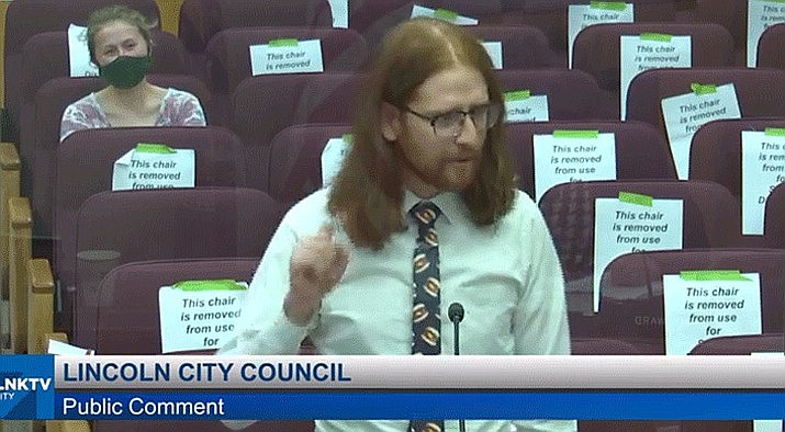 Video of Ander Christensen’s satirical rant before the Lincoln City Council last week pleading to ban the “boneless chicken wing” moniker has garnered widespread attention on social media and news sites. (Screenshot from screenshot LNKTV on lincoln.ne.gov)