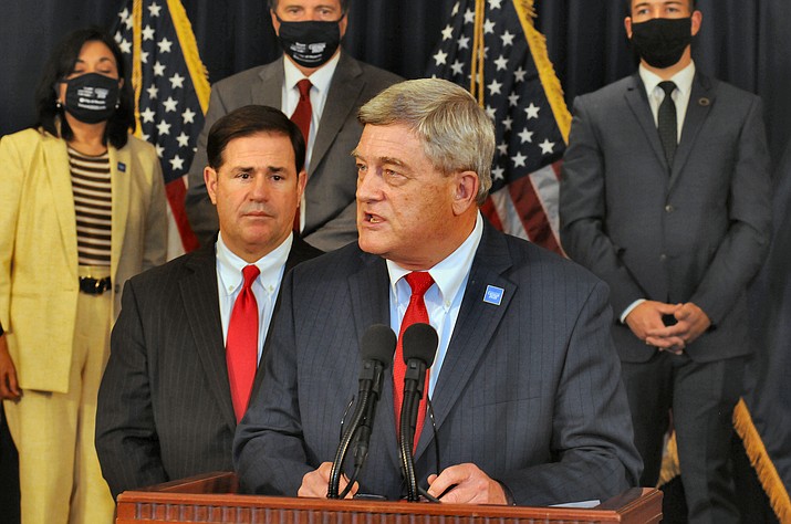 Steven Dillingham, director of the U.S. Census Bureau, discusses Arizona's lagging response Thursday, Sept. 17, 2020, to the decennial count but said he believes the numbers will increase by the end of the month. With him is Gov. Doug Ducey. (Capitol Media Services photo)