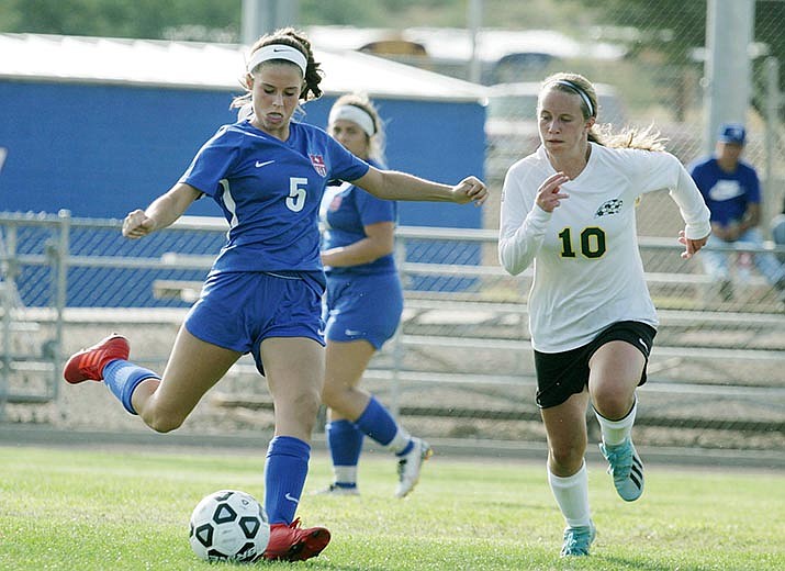Mckinlee Brewer (No. 5) kicks the ball upfield in Camp Verde’s 2-0 loss Sept. 17 at home to Show Low. The Camp Verde girls were set to travel to Snowflake for a Tuesday-evening match and host St. Johns at 4 p.m. Thursday. VVN/Bill Helm