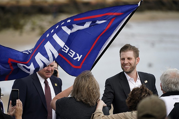 Eric Trump, the son of President Donald Trump, greets supporters at a campaign rally, Tuesday, Sept. 17, 2020, in Saco, Maine. (Robert F. Bukaty/AP)