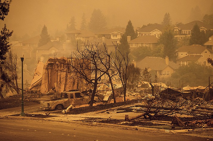 Homes leveled by the Glass Fire line a street in the Skyhawk neighborhood of Santa Rosa, Calif., on Monday, Sept. 28, 2020. (Noah Berger/AP)