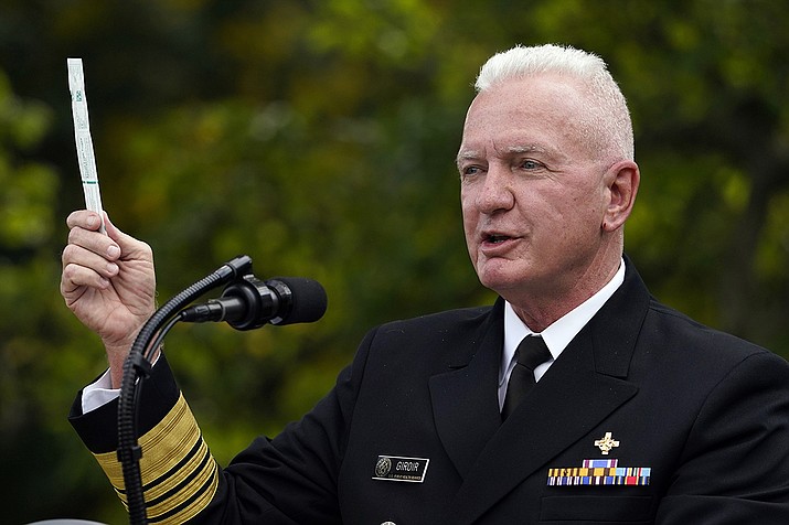 Adm. Brett Giroir, assistant secretary of Health and Human Services, holds a swab manufactured by Puritan Medical Products as he talks about a new COVID-19 test during a event with President Donald Trump about coronavirus testing in the Rose Garden of the White House, Monday, Sept. 28, 2020, in Washington. (Evan Vucci/AP)