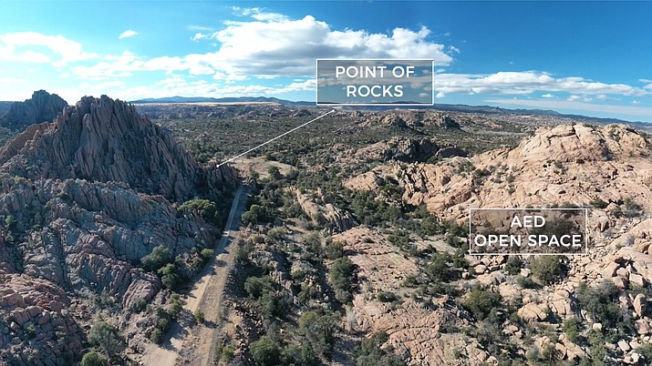 A screen image from a City of Prescott drone video shows the proximity of the Point of Rocks in the Granite Dells, compared to some of Arizona Eco Development’s planned open space. AED is seeking annexation into the city. (City of Prescott/Courtesy, file)
