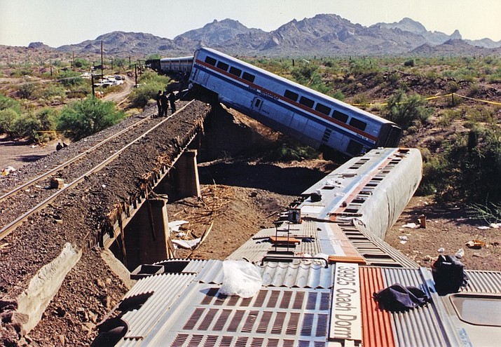 On October 9, 1995, the Amtrak Sunset Limited passenger train was derailed at around 1:35 a.m. in a remote desert area approximately 70 miles southwest of Phoenix. The FBI continues to investigate this act of sabotage. A reward of up to $310,000 remains available. (FBI)