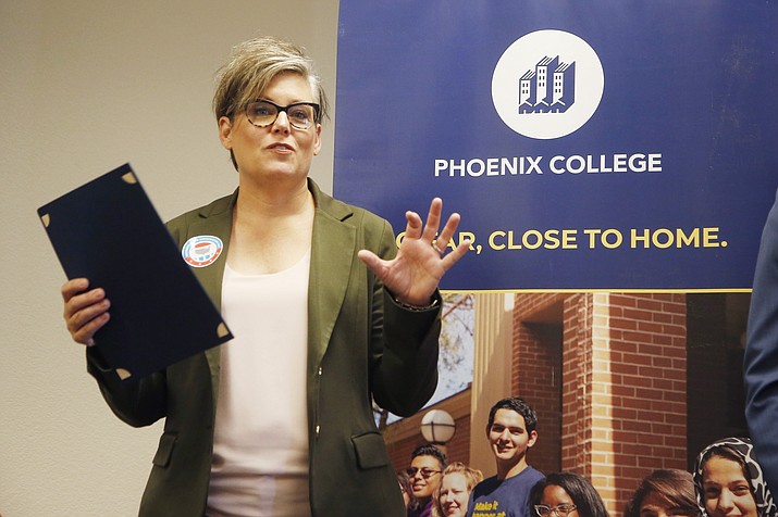 In this Sept. 24, 2019, file photo, Arizona Secretary of State Katie Hobbs talks about voter registration at Phoenix College. (Ross D. Franklin/AP, file)
