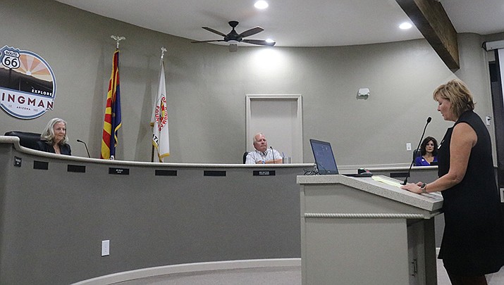 Rep. Regina Cobb (R-Kingman) addresses Kingman City Council prior to its vote to remove the mask mandate at its Tuesday, Oct. 20 meeting. (Photo by Travis Rains/Kingman Miner)