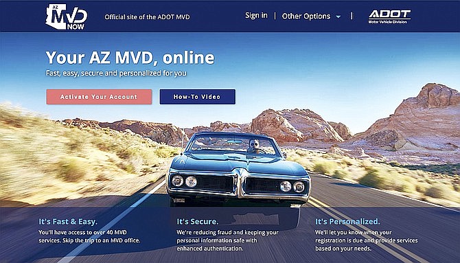Azmvdnow.gov and ServiceArizona.com are the only authorized web portals for the Motor Vehicle Division. ADOT warns of potential scams happening to Arizona motorists. (MVD website screenshot)