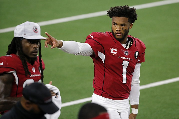 Arizona Cardinals' Kyler Murray (1) waves to fans in the stands in the first half of an NFL football game against the Dallas Cowboys in Arlington, Texas, Monday, Oct. 19, 2020. (Michael Ainsworth/AP)