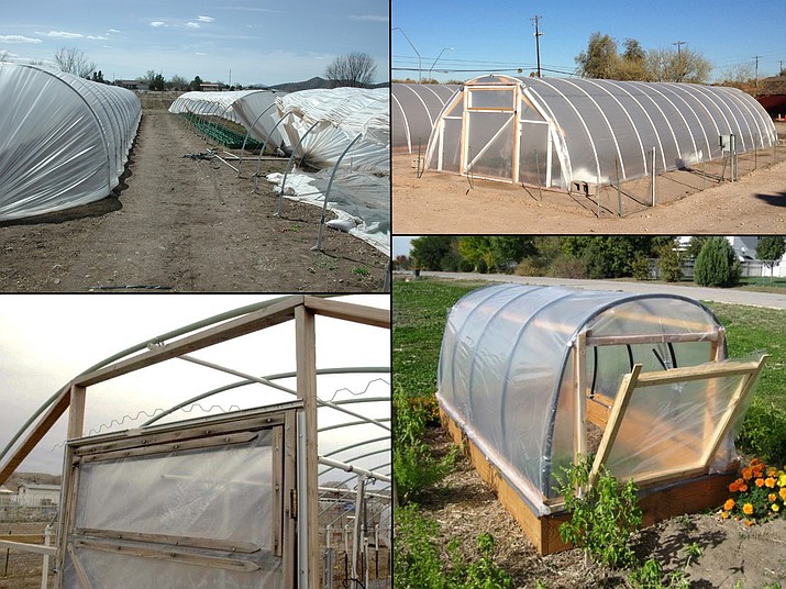 High tunnels can take on many forms and use a variety of materials. “Caterpillar” tunnels at Whipstone Farm without end walls or doors are accessed from the side (upper left). 14-by-40 feet high tunnel at University of Arizona Research Farm (upper right). Small (4.2-by-8 foot) self-venting tunnel designed by Utah State University (lower right). Construction details and wiggle wire/track on Utah State University high tunnel. (Upper photos are from University of Arizona; lower photos are from Utah State University)
