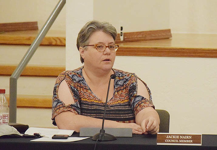 City Council member Jackie Nairn speaks at Tuesday's meeting. The Council voted, 4-3, on Thursday to adopt an ordinance to allow recreational marijuana facilities in the city at locations dually licensed to sell both medical and recreational, if Proposition 207 is passed by Arizona voters Nov. 3. VVN/Jason W. Brooks