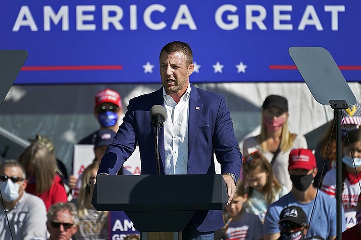 U.S. Rep. Markwayne Mullin, R-Okla., speaks at a campaign rally, Friday, Oct. 30, 2020, in Flagstaff, Ariz. Until recently, Congress hasn't had many Native American members but hope is growing as the Native delegation in the U.S. House increased by two on Election Day along with four Native Americans who won reelection including Mullin who is Cherokee.(Matt York/AP)