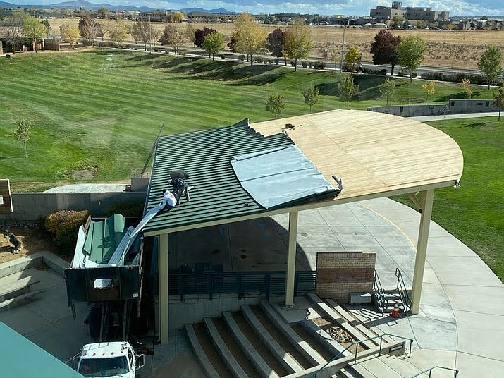 High winds damaged the metal roof of the Theater on the Green amphitheater Saturday, Nov. 14, at the Civic Center in Prescott Valley. (Town of Prescott Valley)