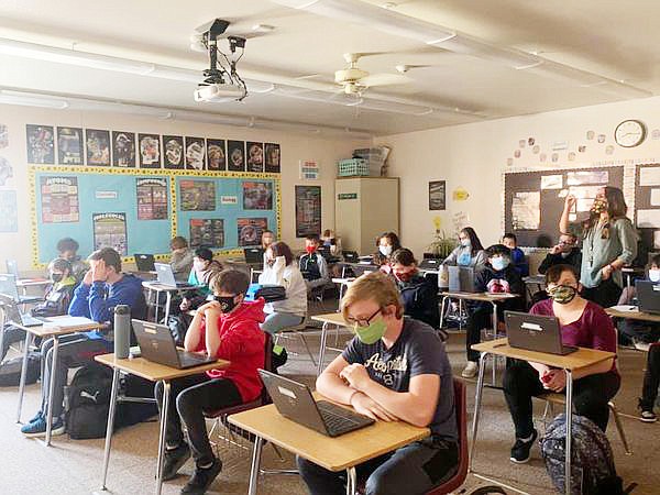 In this undated file photo, students in a Humboldt Unified School District classroom wear masks and socially distance as they study. (HUSD/Courtesy)