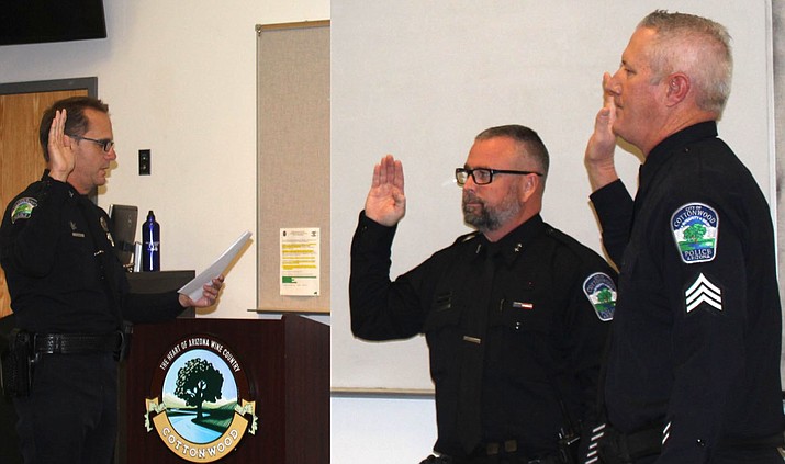 Cottonwood Police Chief Steve Gesell oversees the promotion ceremony of two of his officers: Officer Aaron Scott was promoted to sergeant, and Sergeant Christopher Dowell was promoted to commander.  Cottonwood PD courtesy photo