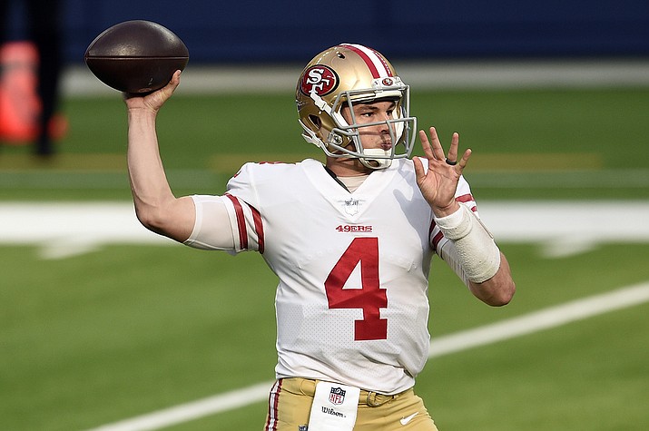 San Francisco 49ers quarterback Nick Mullens throws against the Los Angeles Rams during the first half of an NFL football game Sunday, Nov. 29, 2020, in Inglewood, Calif. (Kelvin Kuo/AP)