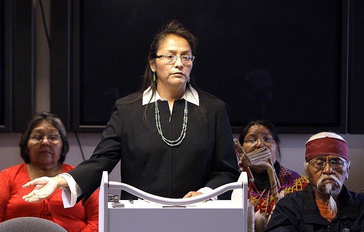 Arizona Havasupai and Tribal Council Member, Carletta Tilousi in 2010 during a a news conference. Tilousi was recently appointed as a member of the First Things First Coconino Regional Council. (AP Photo/Ross D. Franklin)
