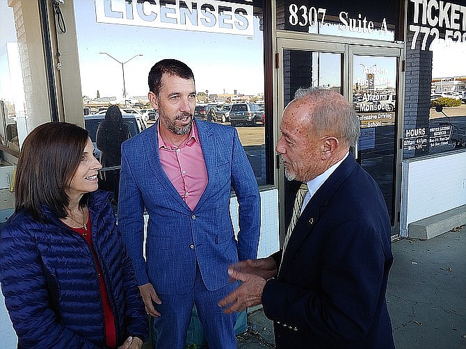 Former U.S. Sen. Martha McSally, left, meets with Prescott Valley Mayor Kell Palguta, middle, and Town Manager Larry Tarkowski on Nov. 22, 2019, outside the Prescott Valley Post Office, 8307 E. Highway 69 Suite 1. The U.S. Postal Service and Prescott Valley Mayor Kell Palguta on Monday, Dec. 14, 2020, confirmed that a new post office is coming to Prescott Valley. (Doug Cook/Courier, file)