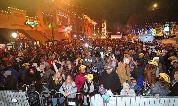 This Dec. 31, 2018, file photo shows the crowd at the seventh annual Boot Drop in downtown Prescott. On Wednesday, Dec. 23, 2020, the City of Prescott announced it would pause approval of all public events using city property for 90 days amid a COVID-19 spike. (Courier file photo)