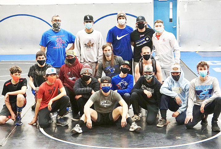 Chino Valley wrestling takes a team photo after a team practice on Tuesday, Jan. 19, 2021, in the Chino Valley High School West Gym. With the Arizona Interscholastic Association (AIA) reinstating the high school winter sports season after canceling it, the Cougars will open their season with a dual meet against Bradshaw Mountain at home on Wednesday, Jan. 20. (CVHS/Courtesy)