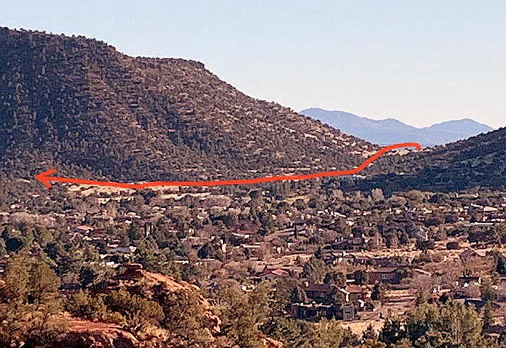 Here's a view of Big Park looking south to the saddle between two mesas. The red arrow shows the approximate route of Kel Fox Trail and the proposed power line into VOC.