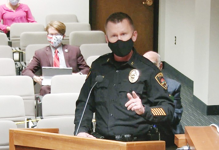 Prescott Valley Police Cmdr. James Edelstein spoke to the Arizona House Judiciary Committee on Wednesday, Feb. 17, 2021, on House Bill 2779, which would have, among other things, established a mandatory 10-year prison sentence if a person commits “drug trafficking homicide.” (Meeting screenshot)