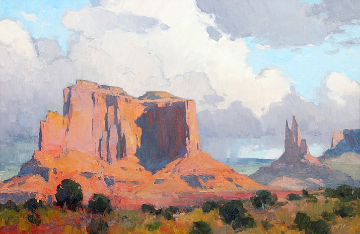 'Storm Behind the Mesa,' by Bill Cramer. The exhibition “Enclaves and Outlooks” opens March 5, with a reception from 4-7 p.m., and continues throughout the month at their gallery located inside Tlaquepaque Arts & Crafts Village in Sedona.