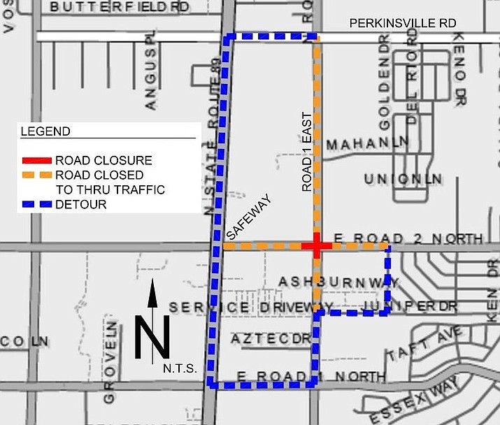 The intersection of East Road 2 North and North Road 1 East will be closed for the installation of new power poles by Arizona Public Service (APS) beginning at 9 p.m. on Sunday, Feb. 28, and ending at 5 a.m. on Saturday, March 6. (Town of Chino Valley/Courtesy)